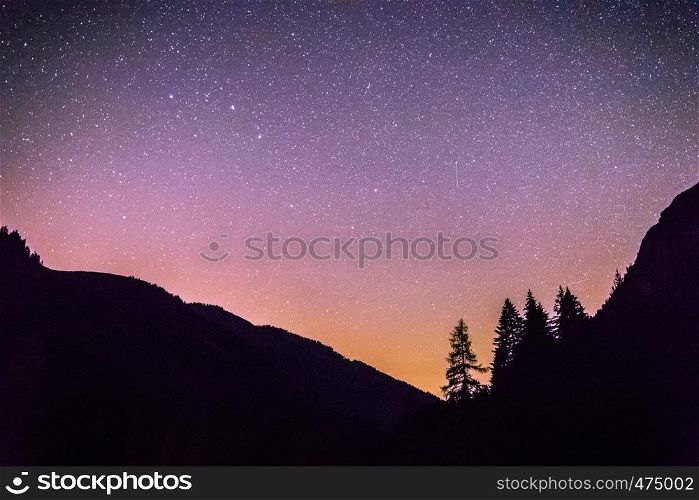 Milky way clear at night, silhouettes of trees