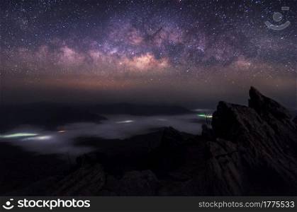 Milky Way Galaxy and Mountain landscape at Doi Pha Tang, Chiang Rai, Thailand, Doi Pha Tang offers the best spot to watch the scenic Mekong river at the hilltop and beautiful sunrise spotview.. Milky Way Galaxy and Mountain landscape.