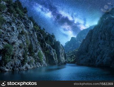 Milky Way over the beautiful mountain canyon and blue sea at night in summer. Colorful landscape with bright starry sky with Milky Way, rocks, trees, moonlight, constellation. Galaxy. Nature and space. Milky Way over the beautiful mountain canyon and sea at night