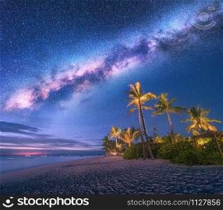 Milky Way over the sandy beach with palm trees and sunbeds and umbrellas at night in summer. Landscape with sea shore, beautiful starry sky, galaxy and green palms. Travel in Zanzibar, Africa. Space