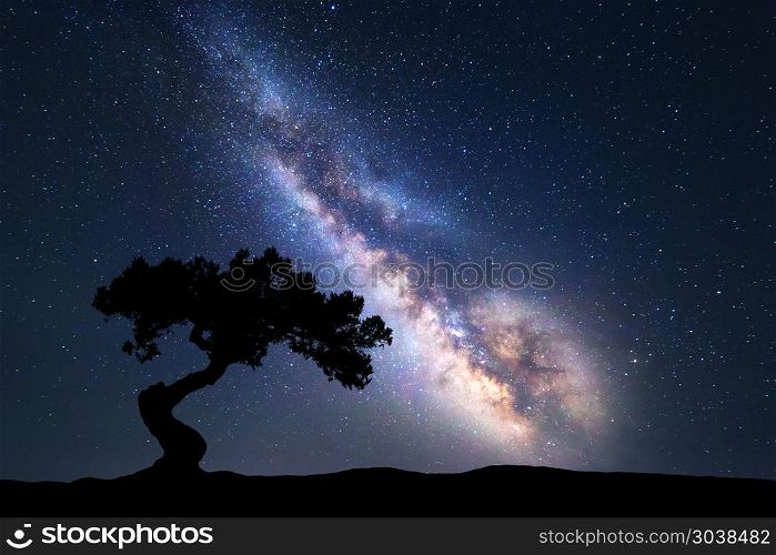 Milky Way with alone old tree on the hill. Milky Way with alone old tree on the hill. Colorful night landscape with milky way, sky with stars and hills in summer. Space background. Amazing astrophotography. Beautiful universe. Nature