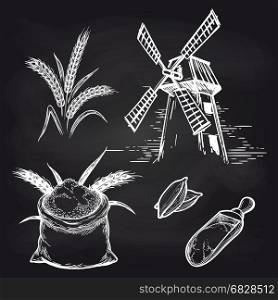 Mill and bakery products on blackboard. Mill and mill products. Vector whole bag of flour and mill and wheat ears on blackboard