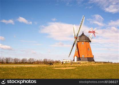 Mill on a green meadow in the spring with blue sky