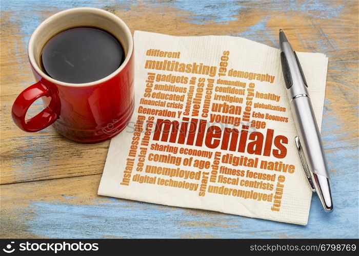 millenials word cloud on a napkin a cup of coffee - demography concept