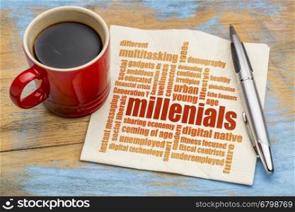 millenials word cloud on a napkin a cup of coffee - demography concept