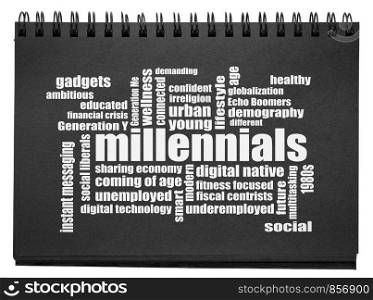 millennials generation word cloud, demography concept - white text in an isolated black paper sketchbook