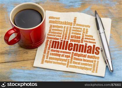 millennials generation word cloud on a napkin a cup of coffee - demography concept