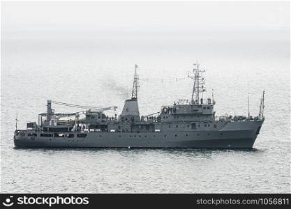 Millitary Degaussing Ship in the Black Sea. Degaussing ship in the Sea