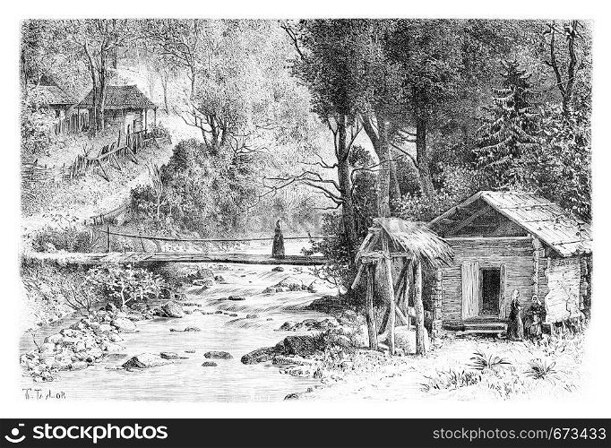 Mills in Mingrelia in Svaneti, Georgia, drawing by Taylor based on a photograph, vintage illustration. Le Tour du Monde, Travel Journal, 1881