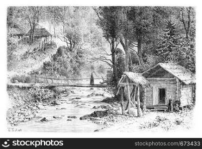 Mills in Mingrelia in Svaneti, Georgia, drawing by Taylor based on a photograph, vintage illustration. Le Tour du Monde, Travel Journal, 1881