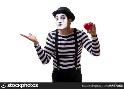 Mime holding red heart isolated on white background