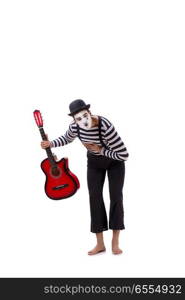 Mime playing guitar isolated on white