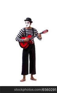 Mime playing guitar isolated on white