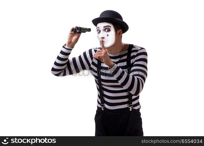 Mime with binoculars isolated on white background