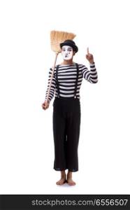 Mime with broom isolated on white background