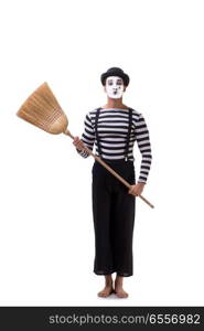 Mime with broom isolated on white background