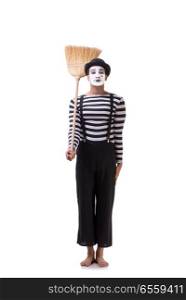 Mime with broom isolated on white background