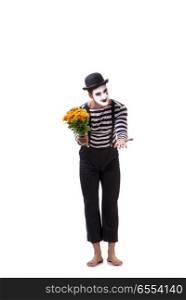 Mime with bunch of flowers isolated on white