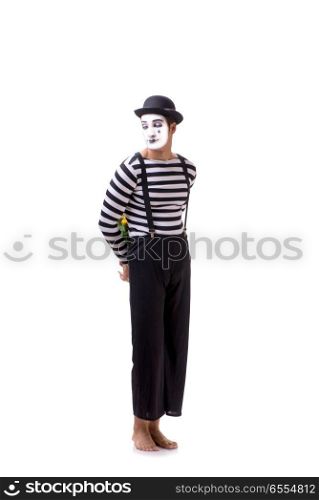 Mime with bunch of flowers isolated on white
