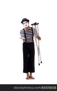 Mime with crutches isolated on white background