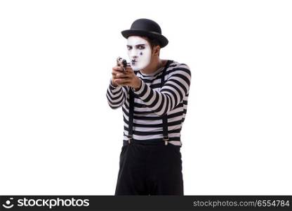 Mime with handgun isolated on white background