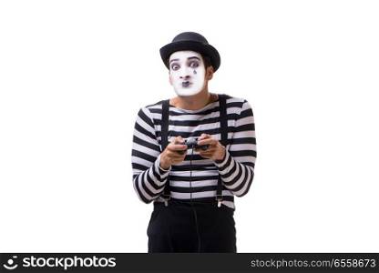 Mime with joystick isolated on white background