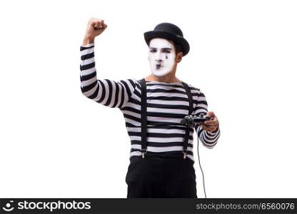 Mime with joystick isolated on white background