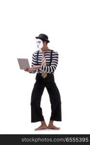 Mime with laptop isolated on white background