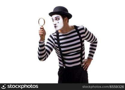 Mime with loupe isolated on white background. Mime with loupe isolated on white background