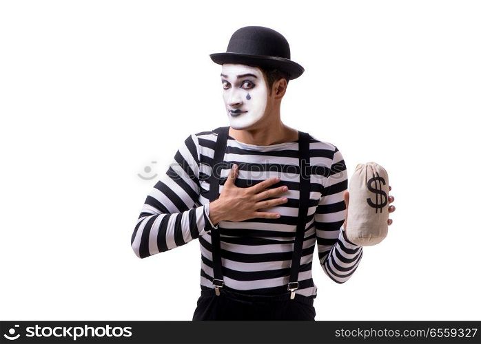 Mime with moneybag isolated on white background