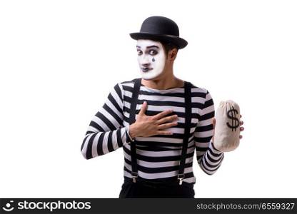Mime with moneybag isolated on white background
