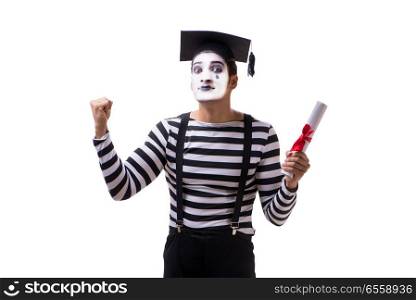 Mime with mortarboard isolated on white background