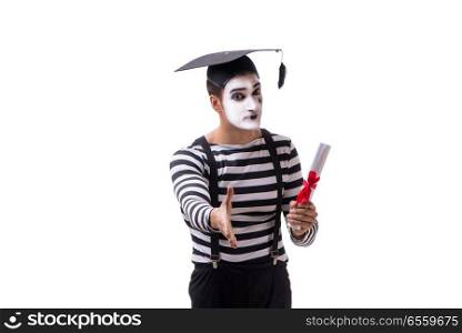 Mime with mortarboard isolated on white background