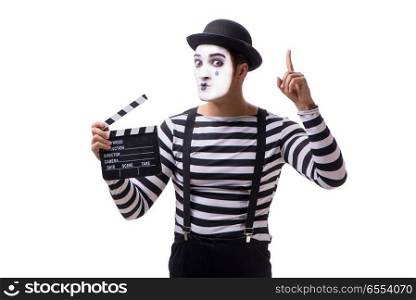Mime with movie clapperboard isolated on white