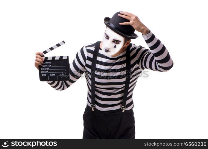 Mime with movie clapperboard isolated on white