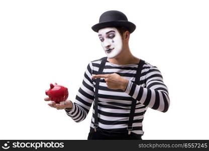 Mime with piggybank isolated on white background