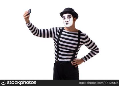 Mime with smartphone isolated on white background