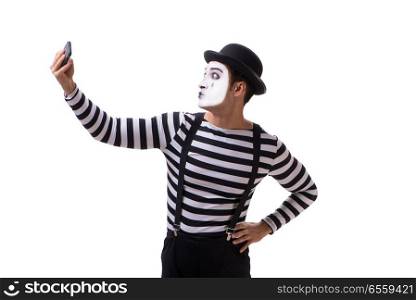 Mime with smartphone isolated on white background