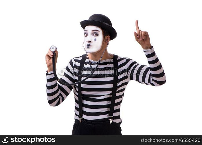 Mime with stethoscope isolated on white background