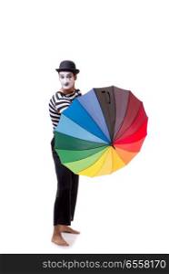 Mime with umbrella isolated on white background
