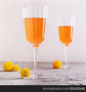 Mimosa alcohol cocktail with orange juice and dry champagne