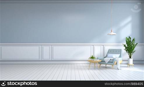 minamalist interior room , Contemporary furnitur, light blue armchair on white flooring and light blue wall /3d render