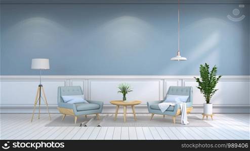 minamalist interior room , Contemporary furnitur, light blue armchairs and wood table on white flooring and light blue wall /3d render