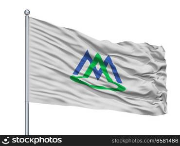 Minamialps City Flag On Flagpole, Country Japan, Yamanashi Prefecture, Isolated On White Background. Minamialps City Flag On Flagpole, Japan, Yamanashi Prefecture, Isolated On White Background