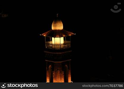 Minaret of the historical mosque in view in old Tbilisi at night