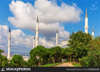 Minarets of the Camlica Mosque in Istanbul, Turkey.. Minarets of the Camlica Mosque in Istanbul, Turkey