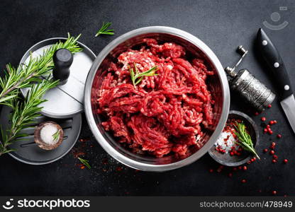 Mince. Ground meat with ingredients for cooking