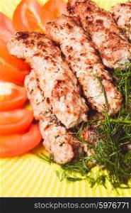 minced meat kebab with green dill and tomatoes on a plae. minced meat kebab