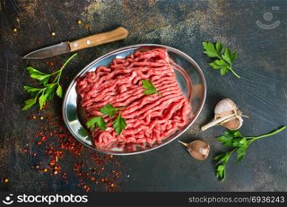 minced meat with spice and fresh herb on a table
