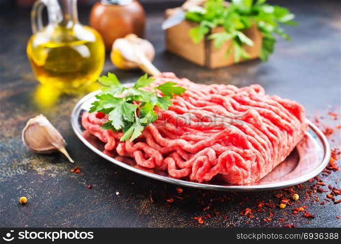 minced meat with spice and fresh herb on a table